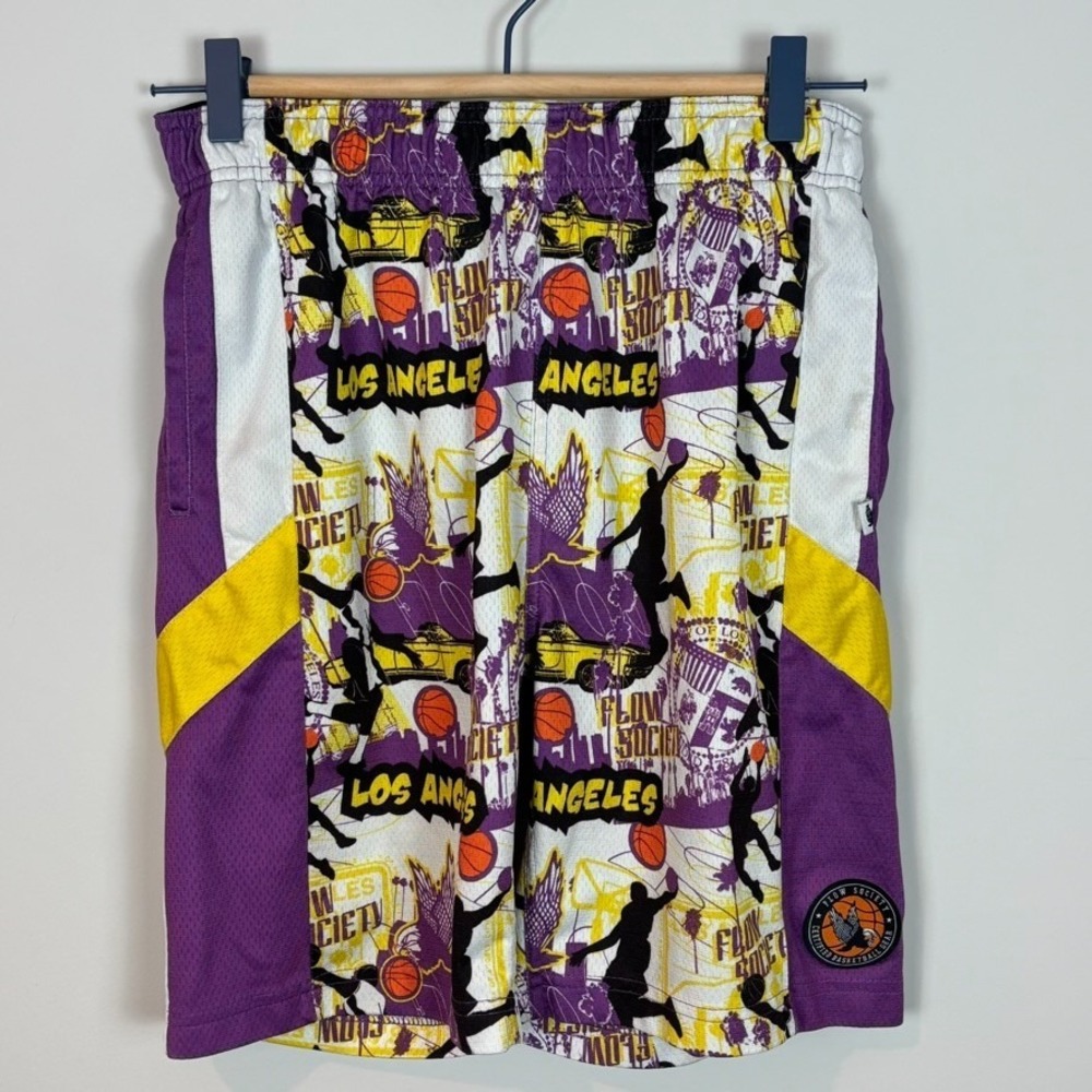 Flow Society‎ Boys LA Basketball Shorts Purple Yellow Youth Size Medium Colorful
